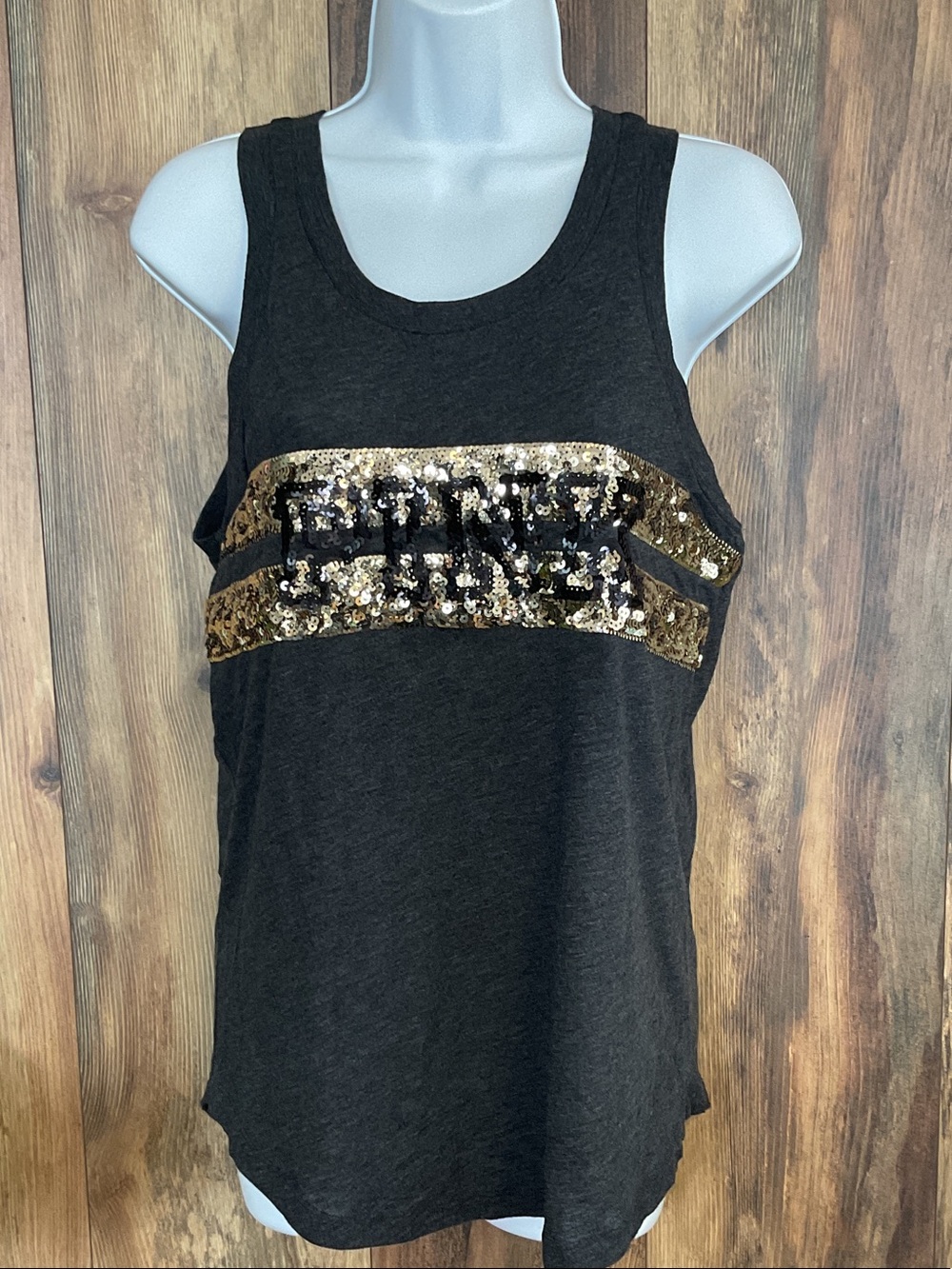 PINK Victoria's Secret Black Tank with Gold Sequin Stripe S    410B